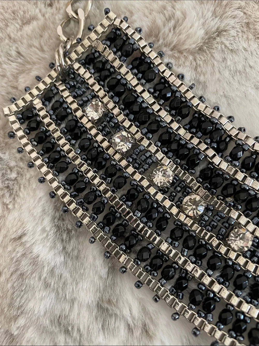 Silver and Black Beaded with Rhinestone Statement Belt